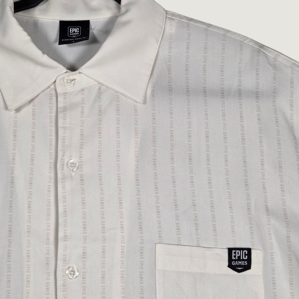 Epic Games Adult Large Button Down Shirt Cream Logo Pinstripe Short Sleeve